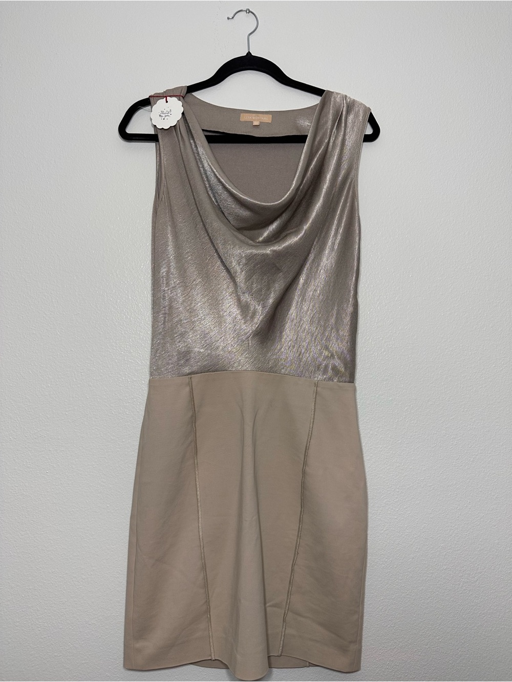 Sleeveless Draped Metallic Taupe and Beige Dress